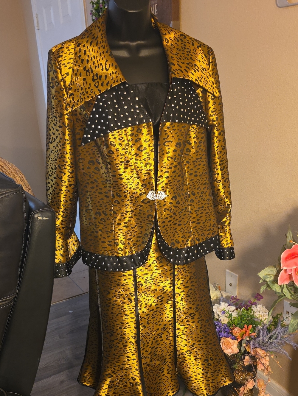Gold Leopard Satin Skirt Set with Black Studded Trim